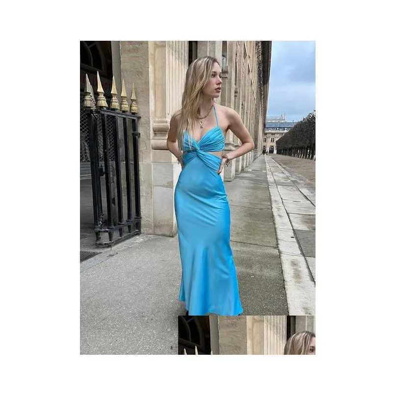 girls fashion streetwear summer rave outfits clothes new halter vacation beachwear gown silk satin blue long dresses