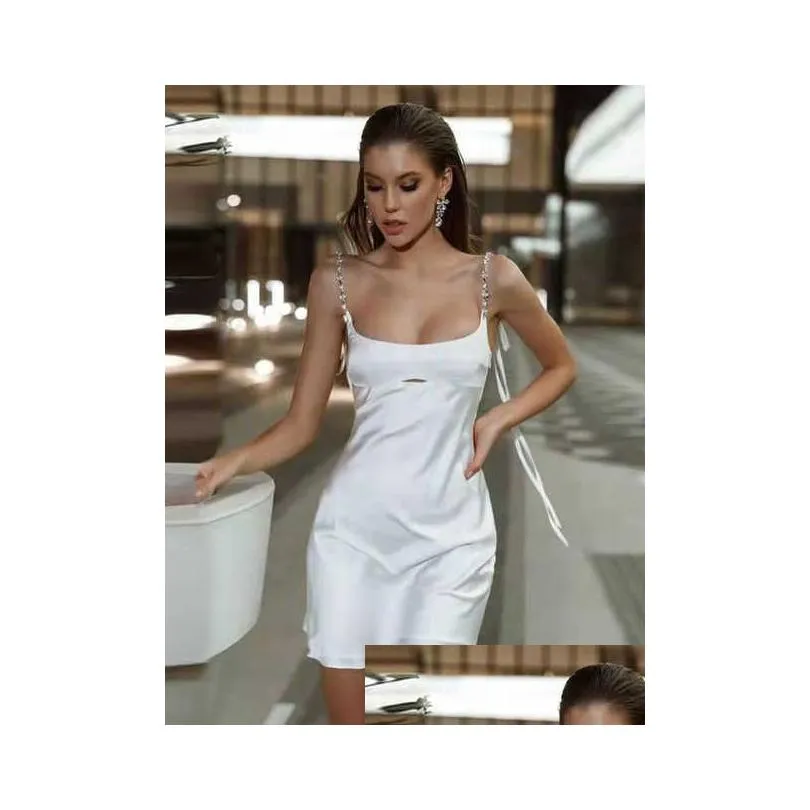 new simple satin mini dress chic diamonds self tie strap vacation clothing nightclub wear summer white dress 2022