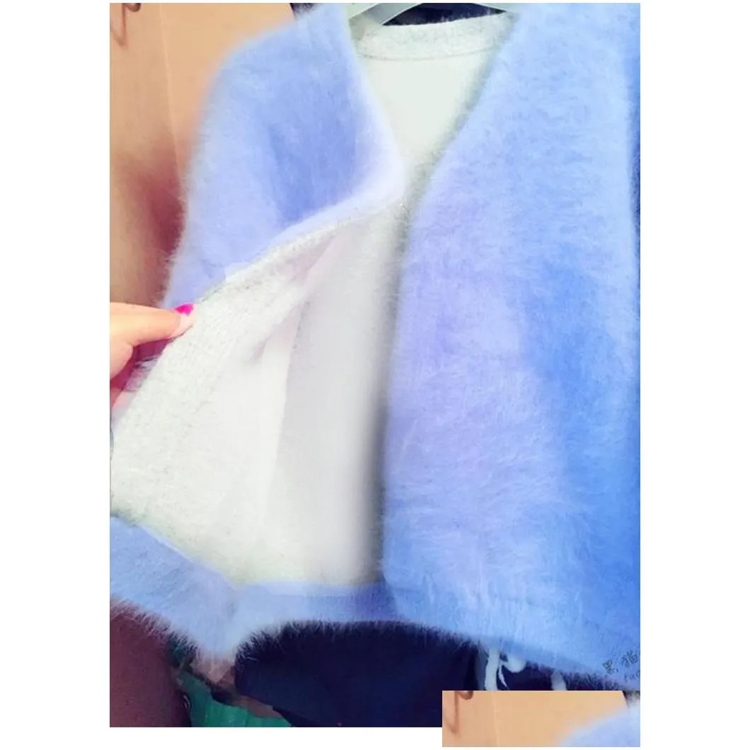 blue winte women outerwear mink cashmere warm soft cardigan fashion blue open stitch lantern long sleeve wool loose thick knitted