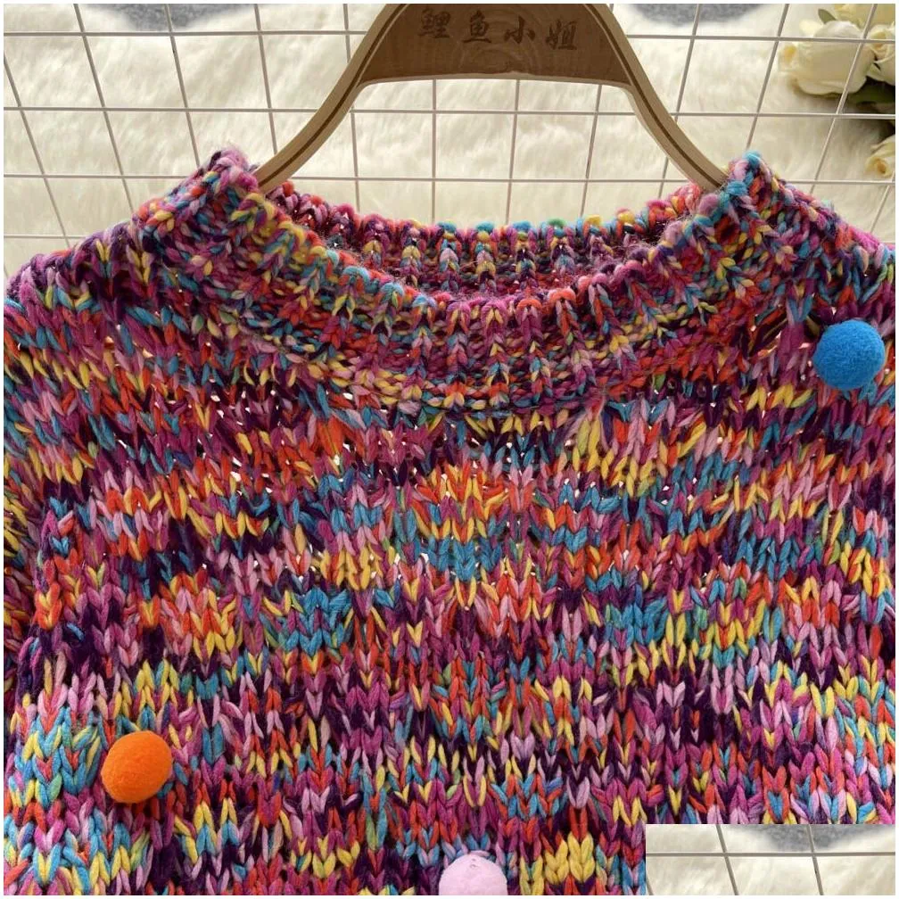 2023 women`s sweaters fashion sweet girls colorful hairball design coarse yarn knitted pullover sweater women long sleeve short jumper crop