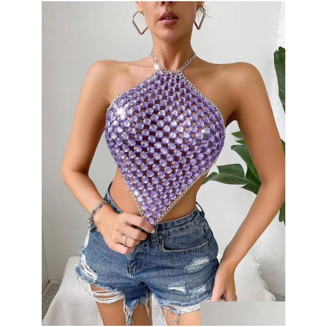 Women`S Tanks & Camis Womens Shiny Rhinestone Halter Tops Women Y Sleeveless Backless Party Club Night Out Blouse Bellyband Drop Deliv Dhgiv