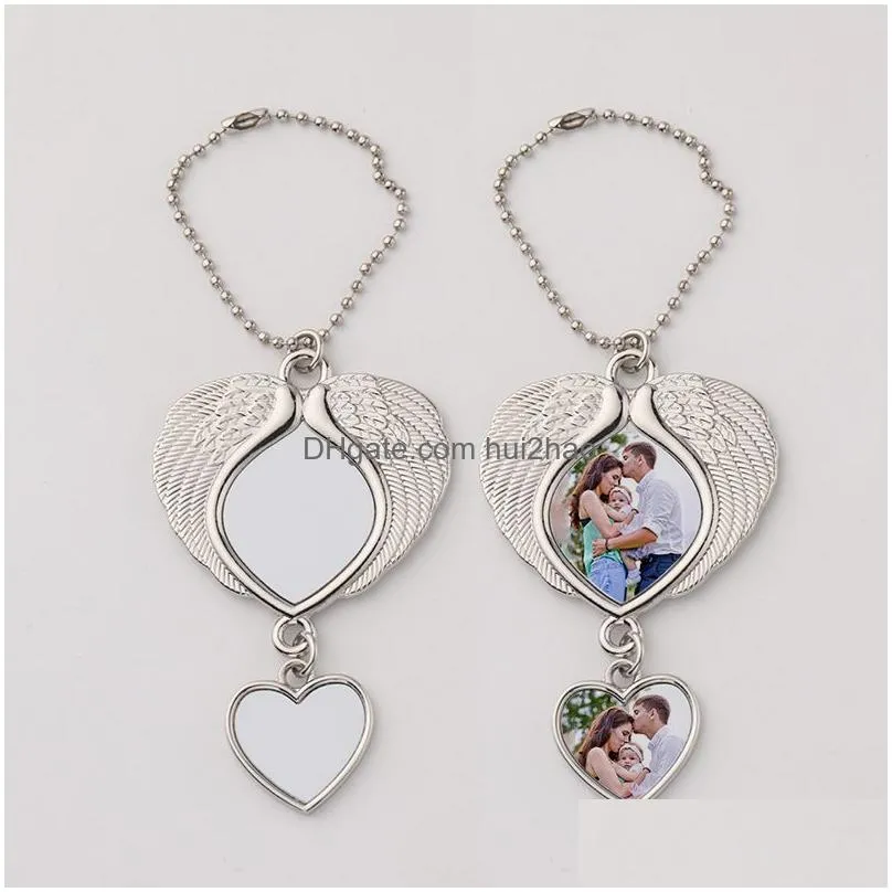 wholesale sublimation blanks car hanging ornament angel wing double hearts ornaments pendant with heat transfer p o frame