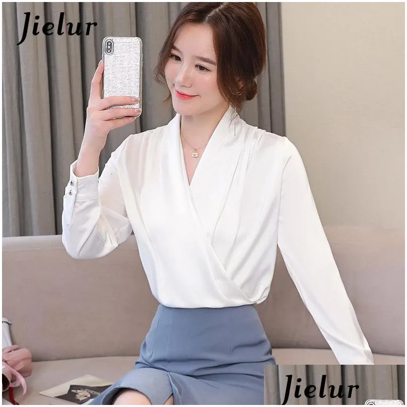 Women`S Blouses & Shirts Womens Jielur Tops Solid Color White Satin Blouse Office Shirt Blusas Sleeveless Women Black Female 230227 D Dhkp1
