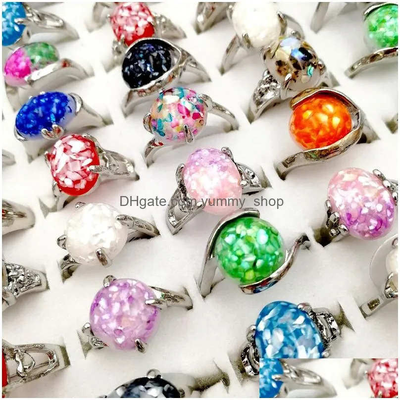 fashion 30pcs/lot 100% natural gemstone band ring vintage silver shell broken metal finger rings fit women and men charm jewelry party