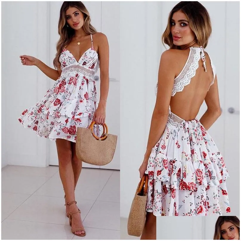 Basic & Casual Dresses Lzequella Women Y Strap Lace Hollow Boho Dress Summer Floral Work Backless Up Sleeveless Vestidos Nz1532 Drop Dhsht