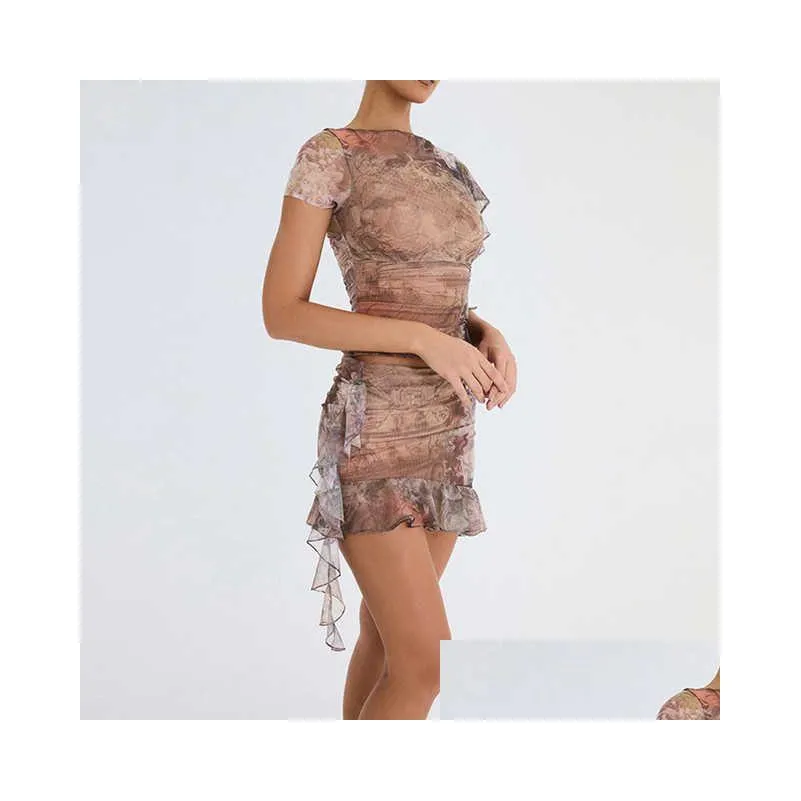 two piece sets womens outifits 2023 new casual summer ruffle o neck slim tops fashion elegant printing mini skirt sets