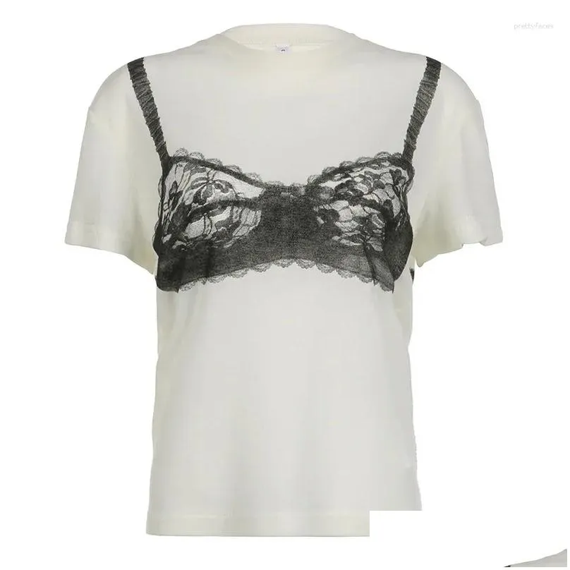 Women`S T-Shirt Womens T Shirts Black Lace Bra Print White Graphic Fashion Woman Blouse Tees 2024 O Neck Short Sleeve Casual Street Sw Othdt