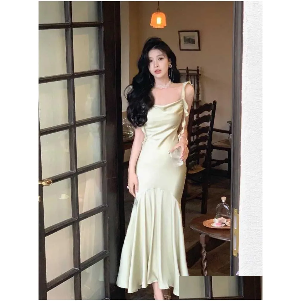 women satin midi dress summer 2023 fashion design ruffles work evening party dresses ladies draped slim mermaid dress