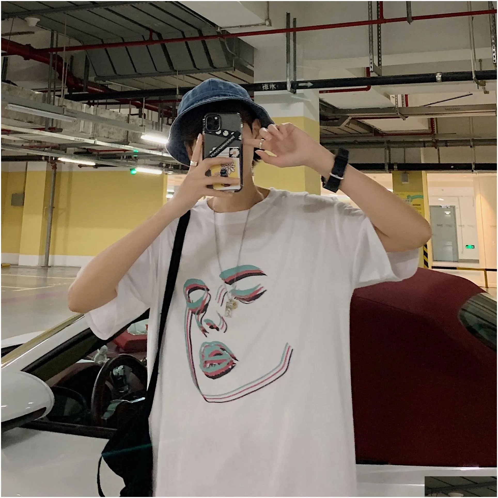 Spring and summer fashion t shirt tide brand all-match casual personality face printing short sleeve trend loose mens clothing