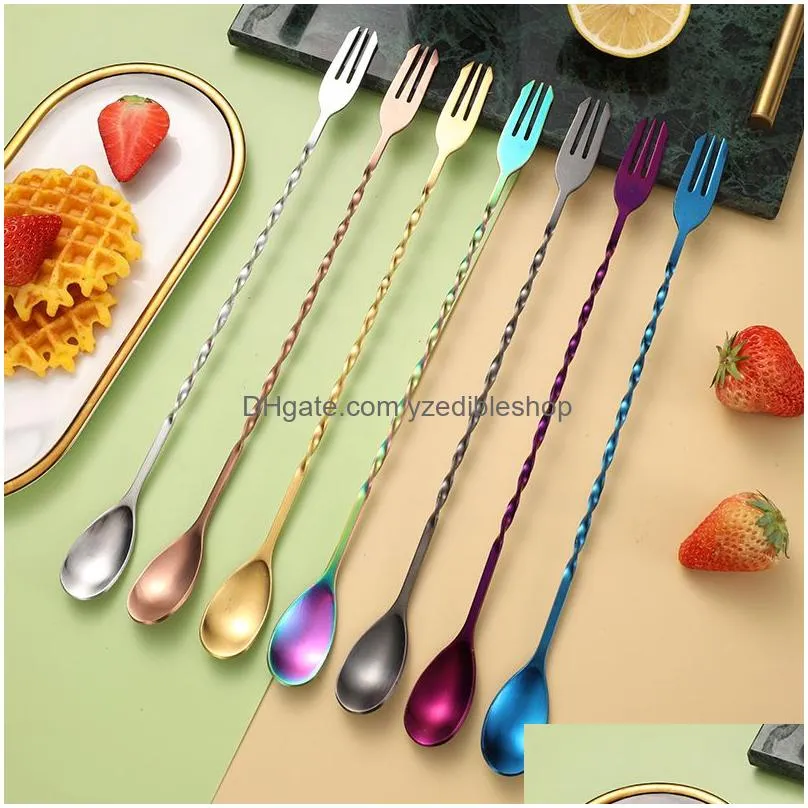 steel double stainless heads titanium -plated long handle stirring spoons ice tail bartender bar spoon fruit forks 26cm 32cm