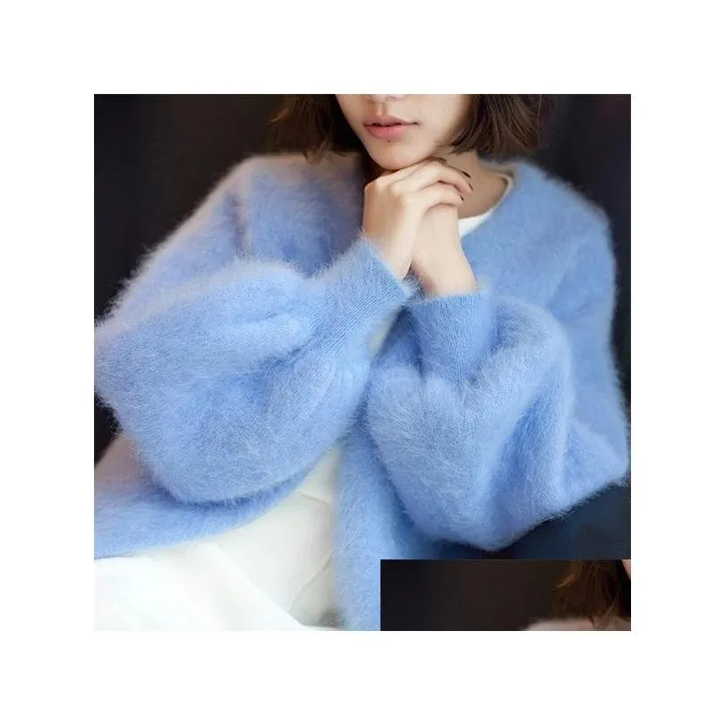 blue winte women outerwear mink cashmere warm soft cardigan fashion blue open stitch lantern long sleeve wool loose thick knitted