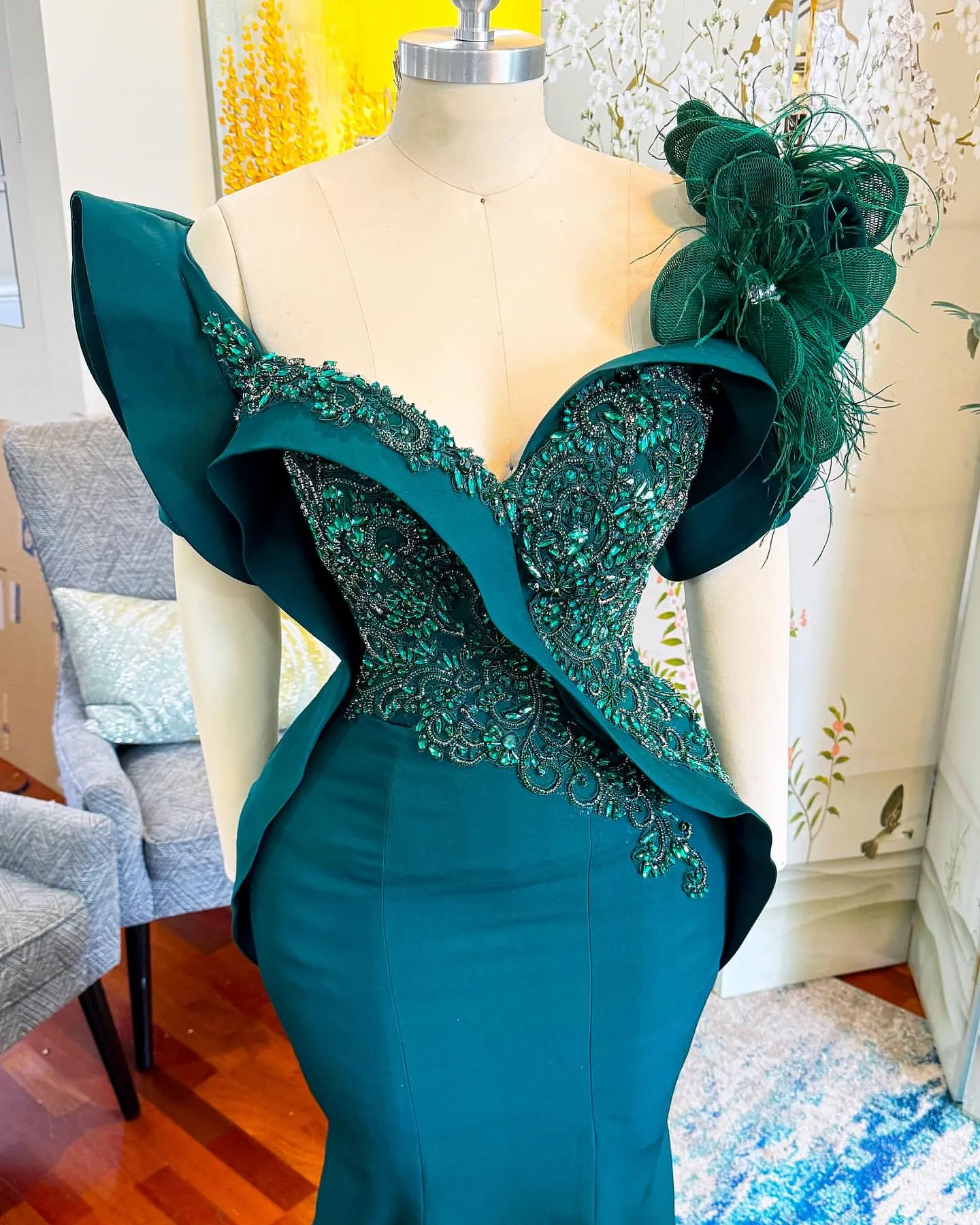 2024 Aso Ebi Hunter Green Mermaid Prom Dress Beaded Crystals Evening Formal Party Second Reception 50th Birthday Engagement Gowns Dresses Robe De Soiree ZJ324
