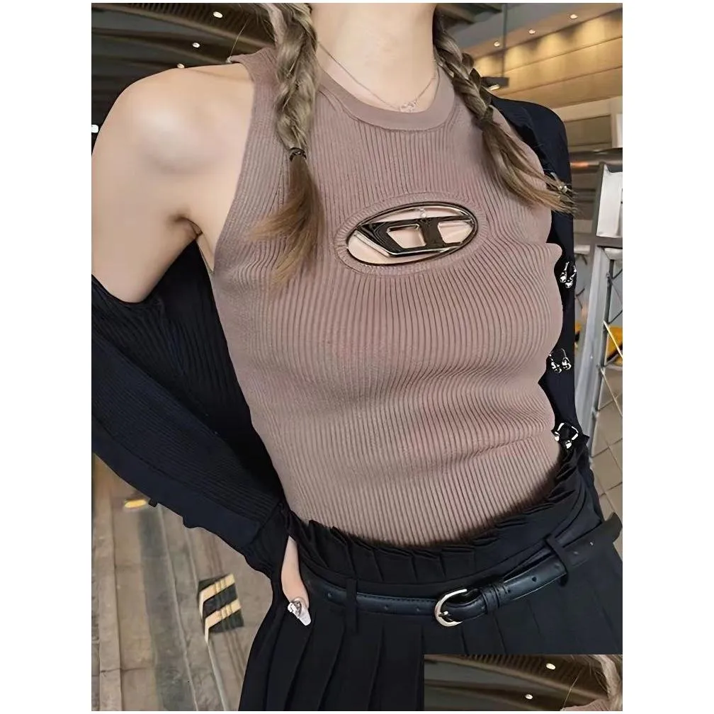 Women`S T-Shirt Womens Tshirt Bottom Dline Metal Hollow Knitted Summer Dress Autumn Design Feel Slim Tight Thin Top 230408 Drop Delive Dh62E