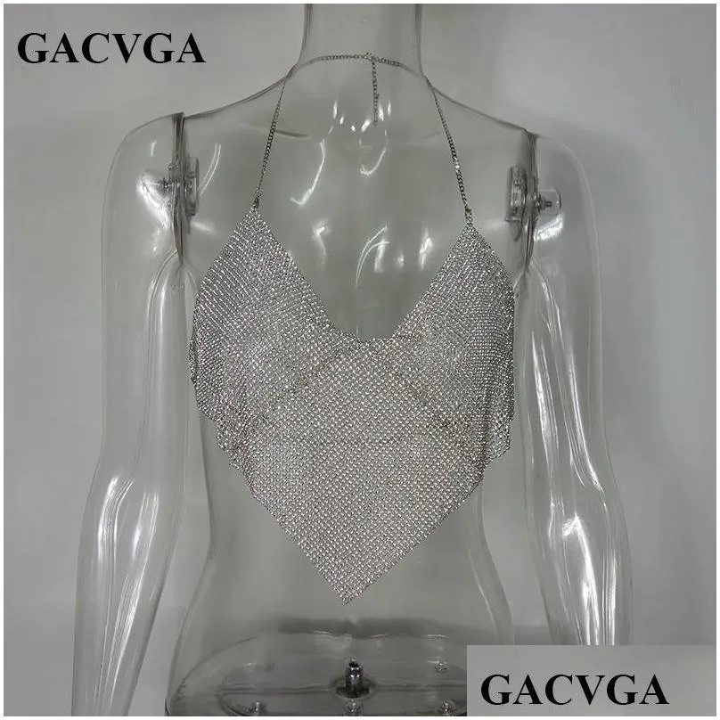 Camisoles & Tanks Gacvga Triangle Diamonds Crop Top Crystal Halter Summer S Glitter Women Y Backless Nightclub Bralette Tank 230508 D Dhbaf