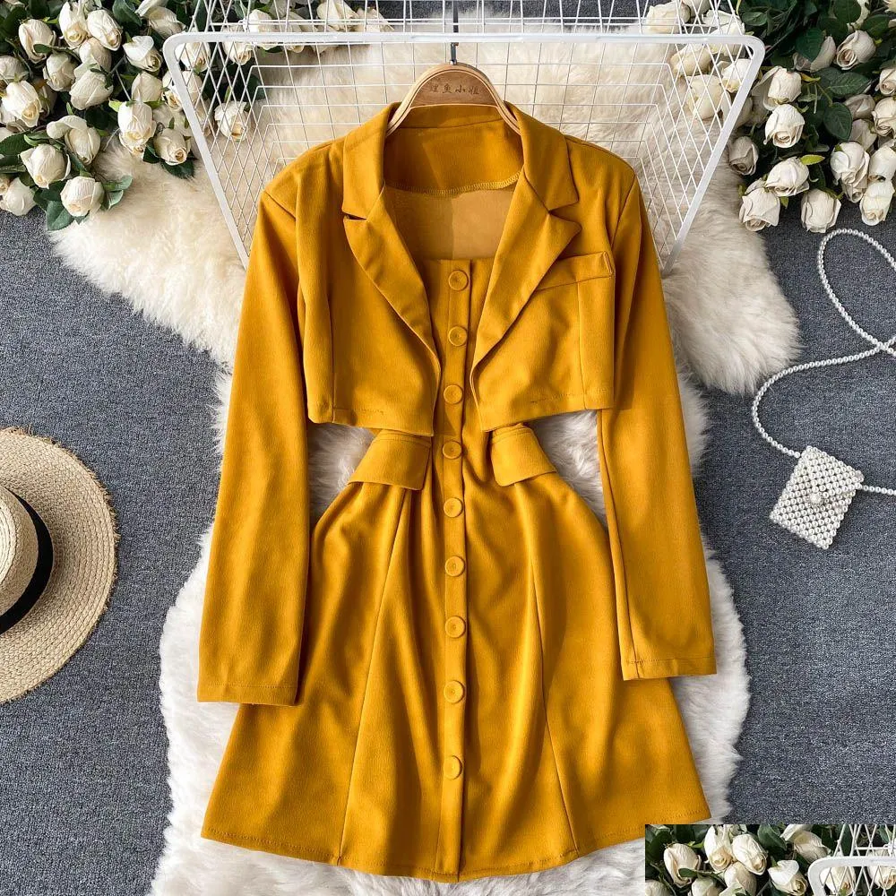 casual yellow/red/blue two piece set elegant notched collar party dresses long sleeve short coat + spaghetti strap mini dress suit female new