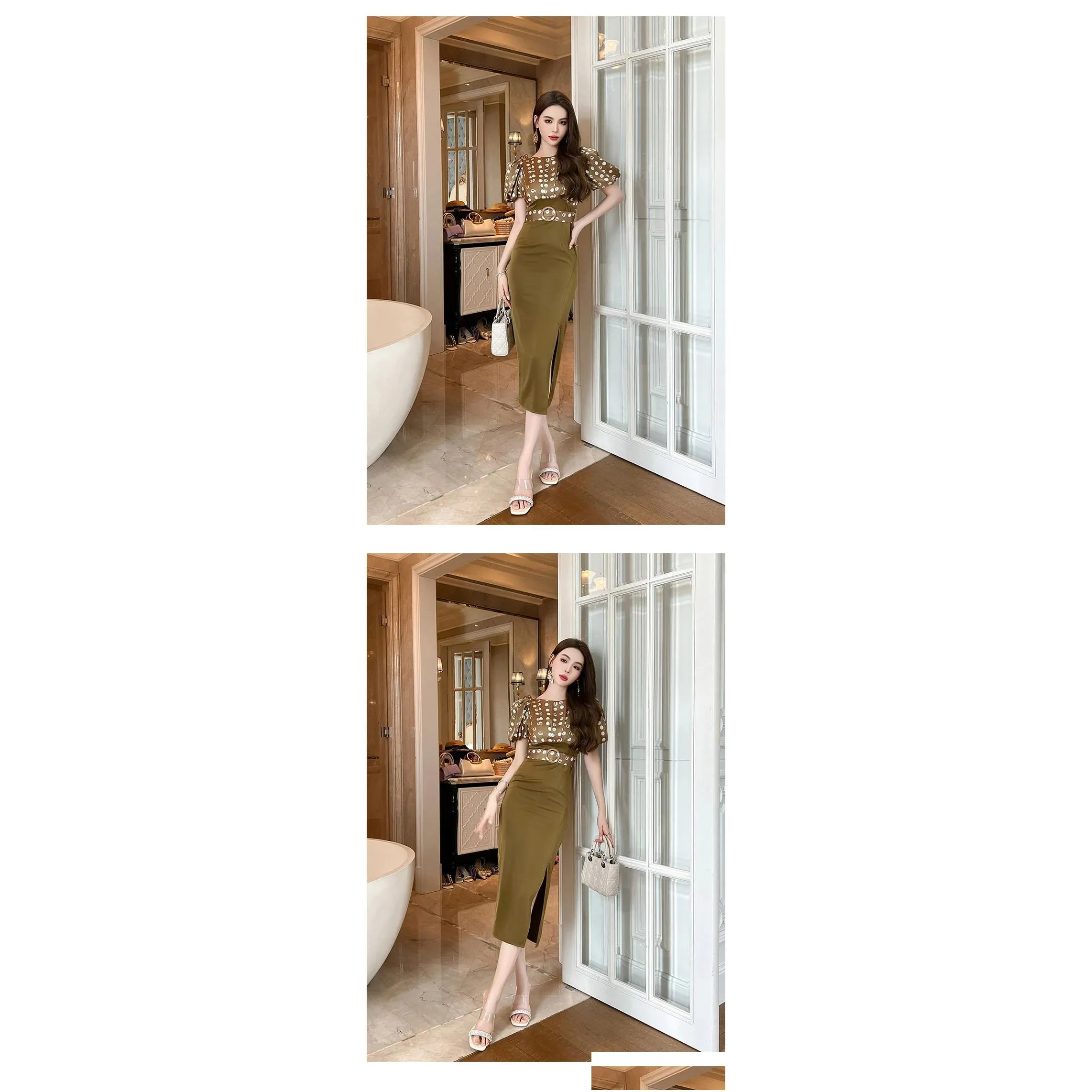 basic casual women dresses elegant fashion women`s party dresses woman vintage dot print satin spliced bubble sleeve high waist slit robe female vestidos