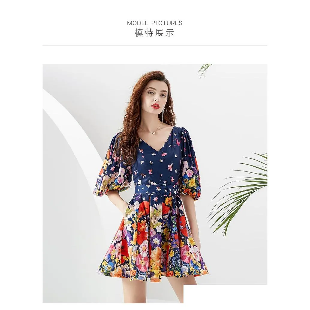 casual dresses summer holiday vacation mini dress women runway v-neck lantern sleeve flower paintings belt ruffles short vestidos 2023