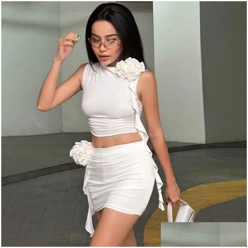 flower top wrapped hip short skirt spicy girl set summer temperament slim fit fashion casual women`s wear
