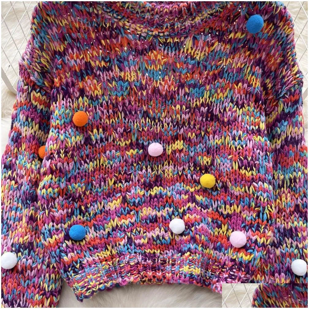 2023 women`s sweaters fashion sweet girls colorful hairball design coarse yarn knitted pullover sweater women long sleeve short jumper crop