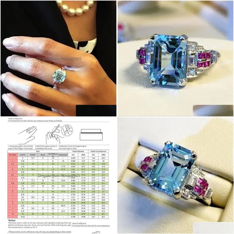 size 6-10 top sell luxury jewelry 925 sterling silver aquamarine cz diamond gemstones ruby party women wedding engagement band ring