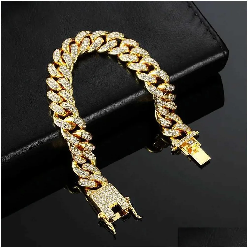 Chain Hiphop Men Women 1M Prong Cuban Link Bracelet Bling Iced Out 2 Row Rhinestone Paved  Rhombus Jewelry Drop Delivery Ott86