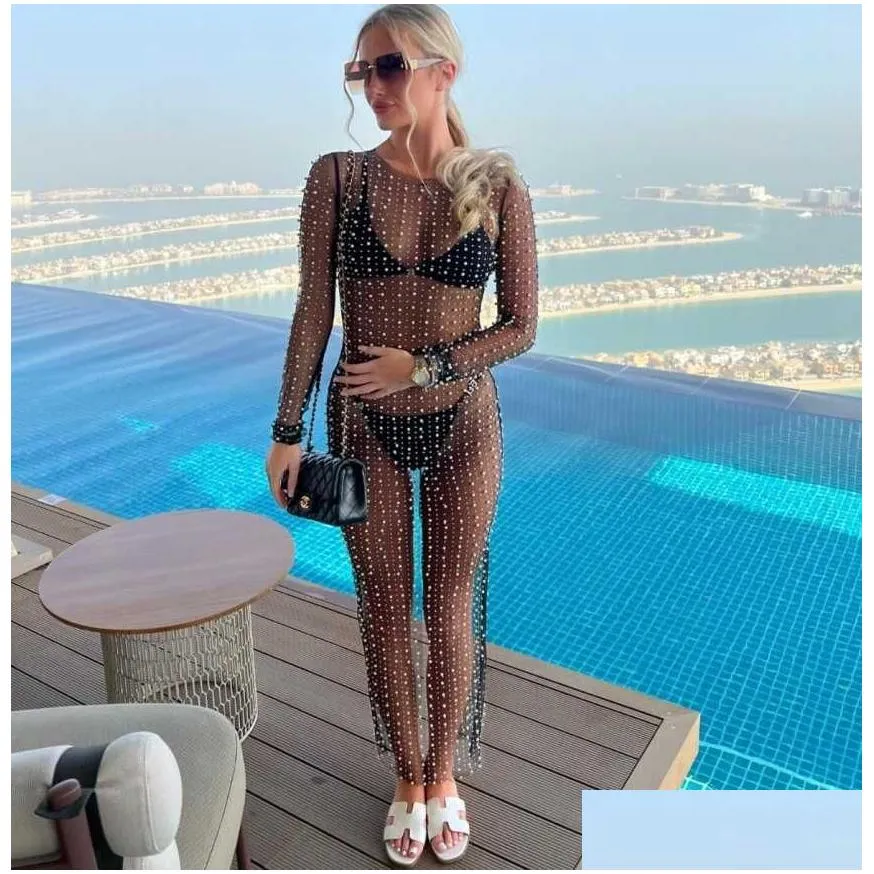 women`s swimwear holiday bikini rhinestone cover-ups beach dress long sleeve dress with pearl decoration see through mesh sheer pool party