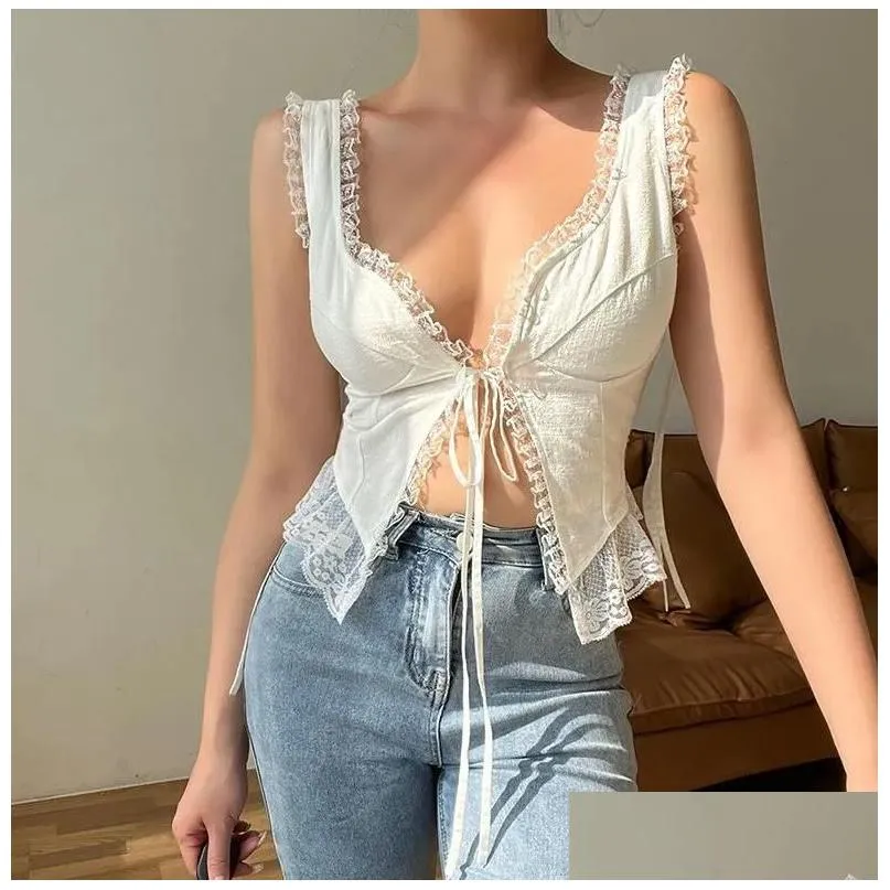 women`s tanks women spaghetti straps camisoles solid color lace trim tie-up front sleeveless sling tank tops summer vests crop