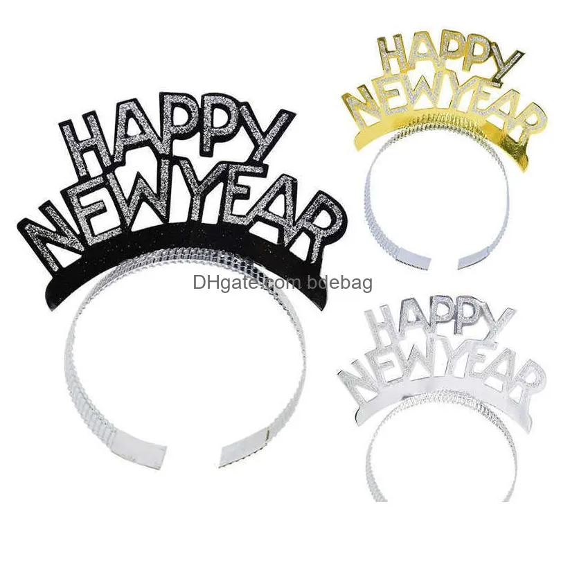  3/6pcs happy year headband gold silver black tiara christmas year eve party decoration p o props hair hoop ornaments