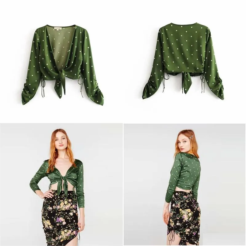 v neck long sleeve fashion new arrivals for love tie front top with green center front tie side seam women blouses shirts sexy crop