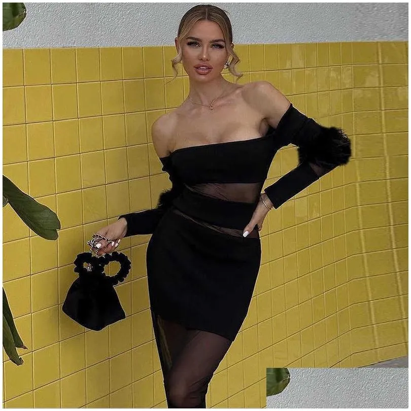 women`s 2023 autumn new fashion splice mesh one shoulder long sleeve dress for women