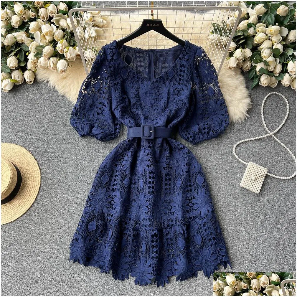 casual dresses french slim v-neck short bubble sleeve lace a-line dress women new summer party clothes vestidos femininos frete 2023