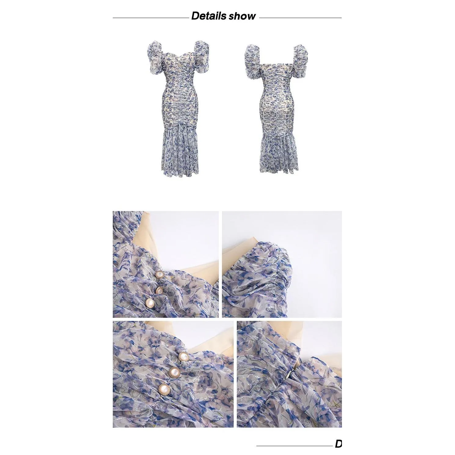 basic casual dresses summer women maxi dress sweet elegant girly blue mesh embroidery floral puff sleeve bodycon pleated wrap hip fishtail robe femme