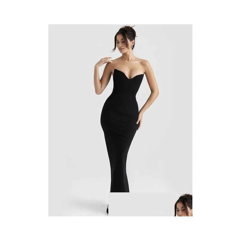 women strapless mermaid maxi dress party outfits clothing 2022 chic elegant double layered black cocktail evening dress