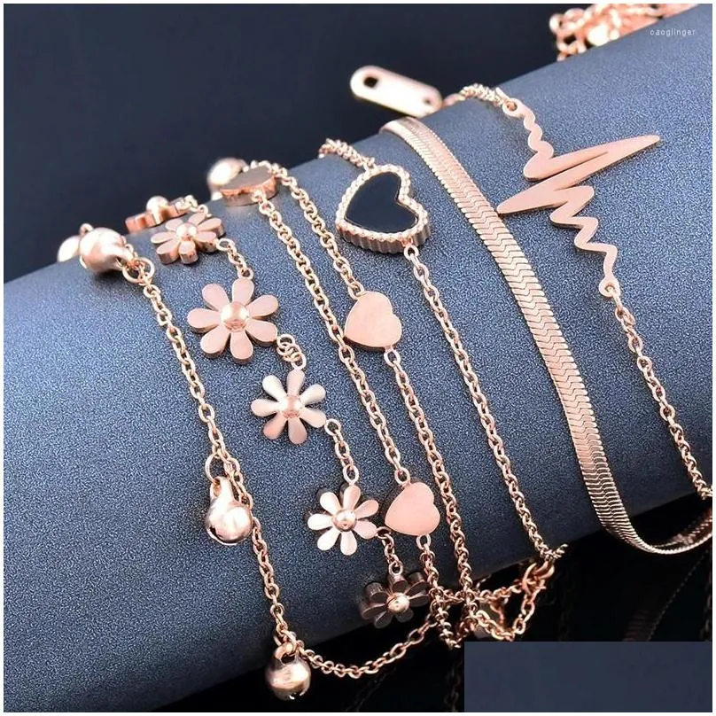 Anklets LEEKER Stainless Steel For Women Black Heart Flower Bells Rose Gold Color Beach Jewelry Party Accessories 012 LK2