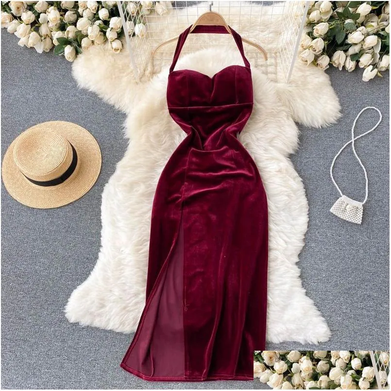 sexy black/red halter velvet bodycon dress women elegant strapless sleeveless high waist split party robe female vestidos autumn 2022