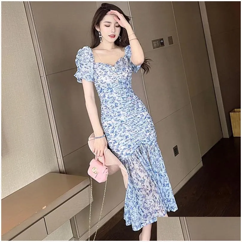 basic casual dresses summer women maxi dress sweet elegant girly blue mesh embroidery floral puff sleeve bodycon pleated wrap hip fishtail robe femme