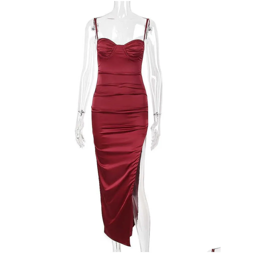 elegant spaghetti strap stretch satin maxi dress sexy thigh split celebrity evening gown underwired padded long dresses
