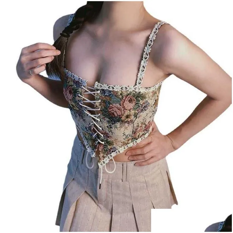 fashion women`s dress french court style suspender vest women`s heavy industry broken flower slim fit lace up bra wrap chest
