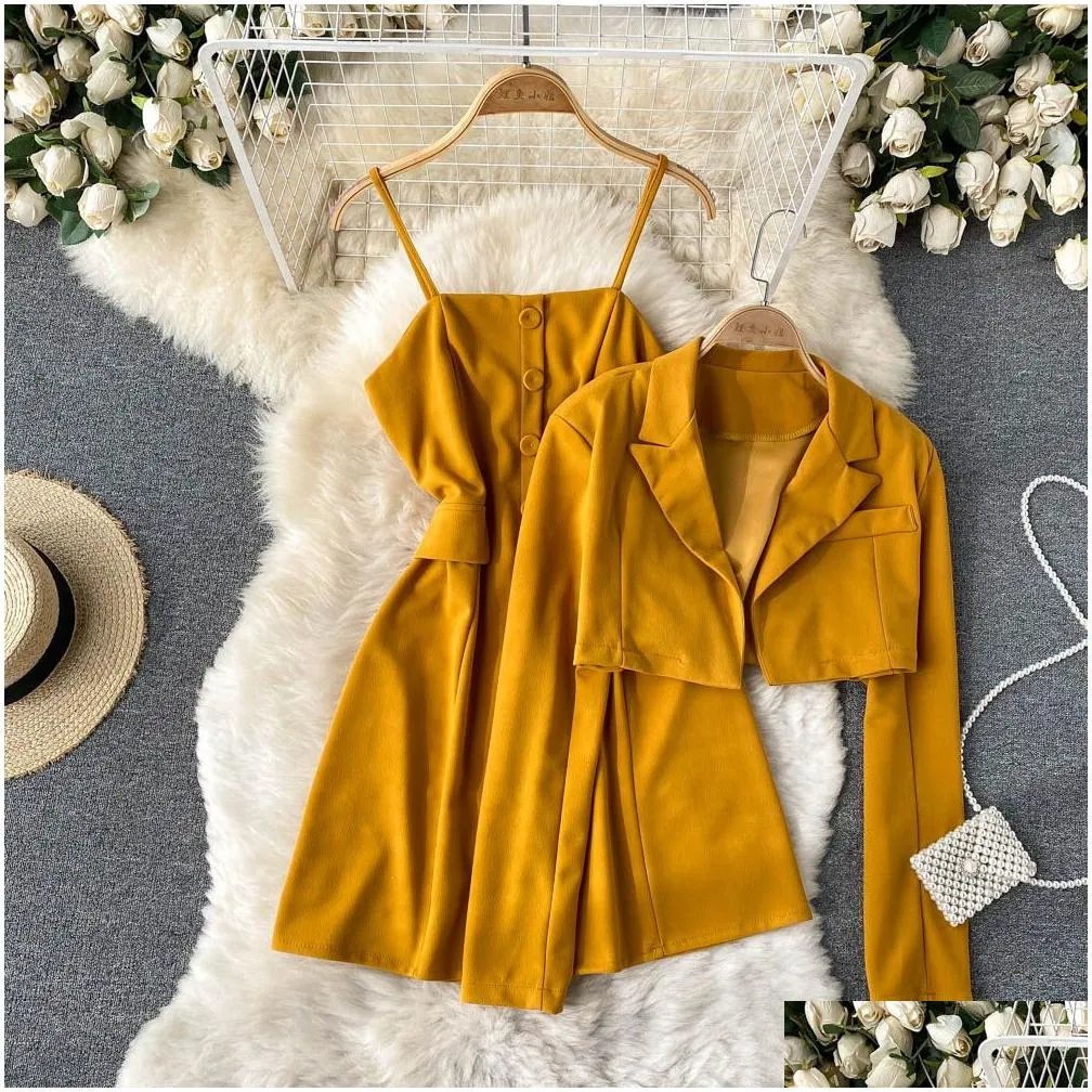 casual yellow/red/blue two piece set elegant notched collar party dresses long sleeve short coat + spaghetti strap mini dress suit female new