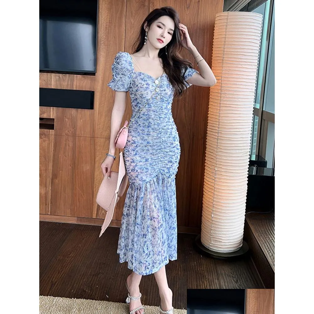 basic casual dresses summer women maxi dress sweet elegant girly blue mesh embroidery floral puff sleeve bodycon pleated wrap hip fishtail robe femme