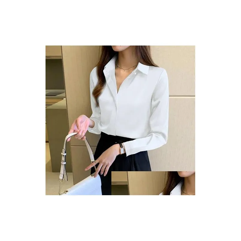 Women`S Blouses & Shirts Womens Silk Shirt Long Sleeve Fashion Woman Satin Top Female And Blouse Basic Ladies Tops Ol Women Clothing Dhrua