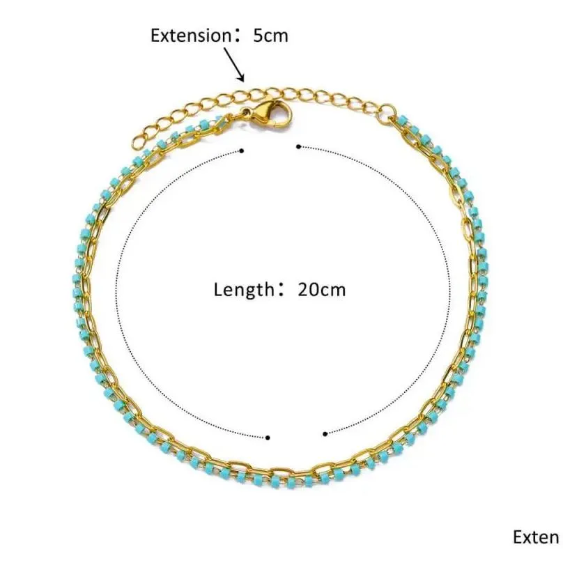 Anklets for Women Summer Beach Accessories Boho Colorful 14k Yellow Gold Two Layer Chain Anklet Leg Bracelets Fashion Jewelry