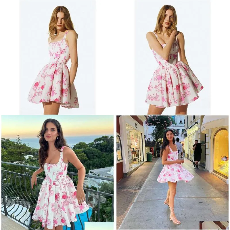 2023 new women`s casual dresses slim waist dress floral rose print slip dress