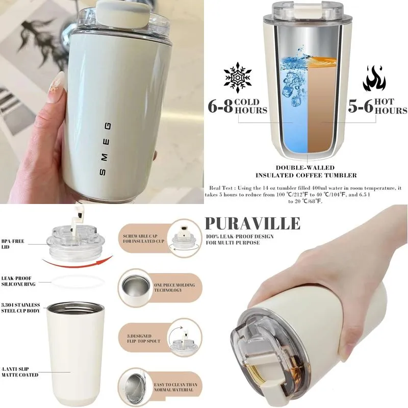 SMEG Tumbler Thermos Cup Milky White Coffee Mug Insulated Water Bottle Travel Stainless Steel Car Vacuum Flasks Drinking Kettle 240415