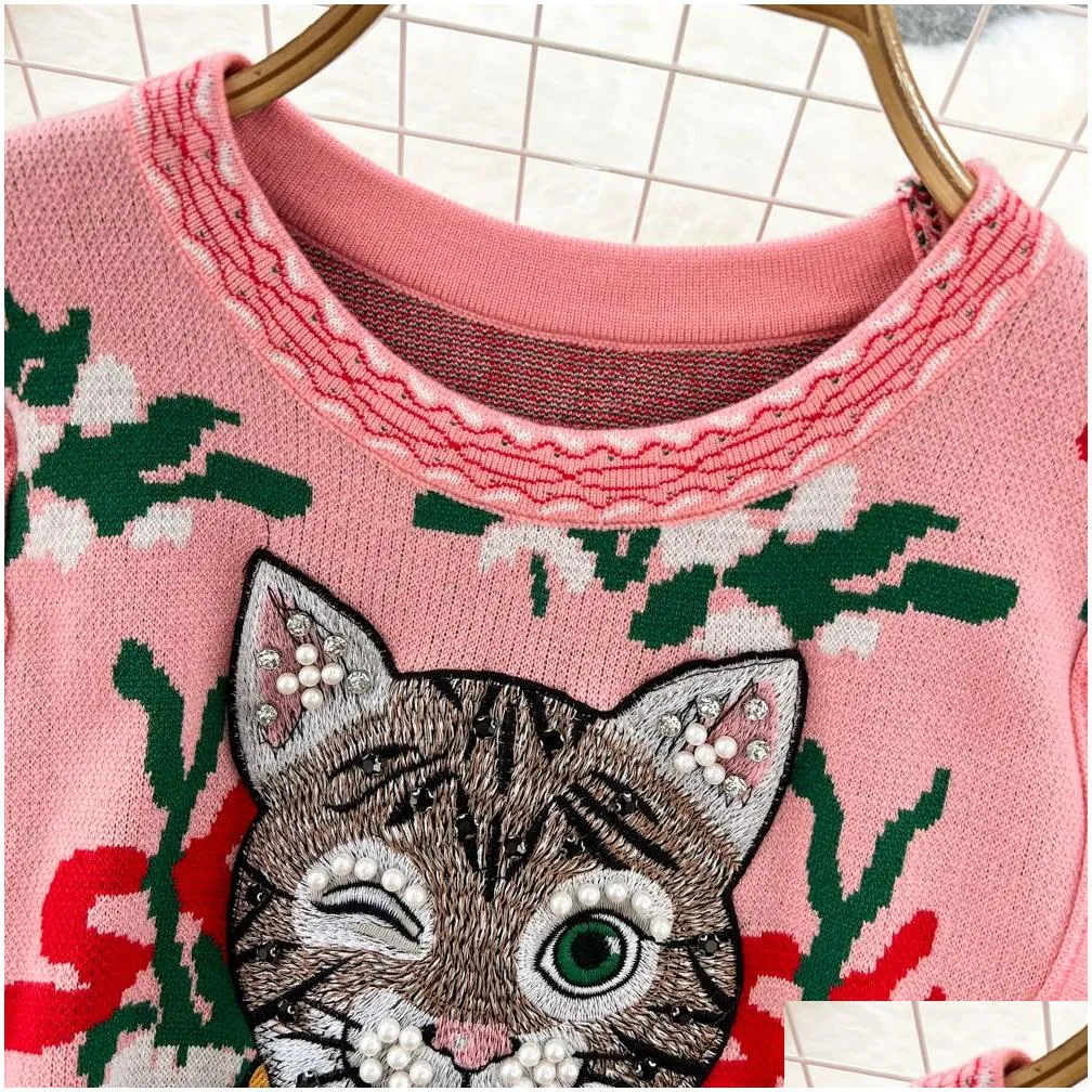 women`s sweaters 2023 harajuku diamonds beaded cat bow embroidery sweater women`s ruffles flower jacquard cartoon pullover jumper crop