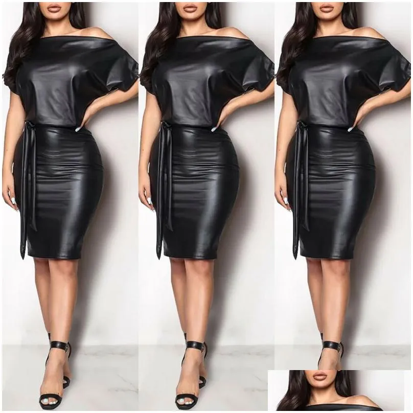 Casual Dresses Black Asymmetrical Sexy Faux Leather Bodycon Dress Women Summer Long Sleeve Knee Length Pencil