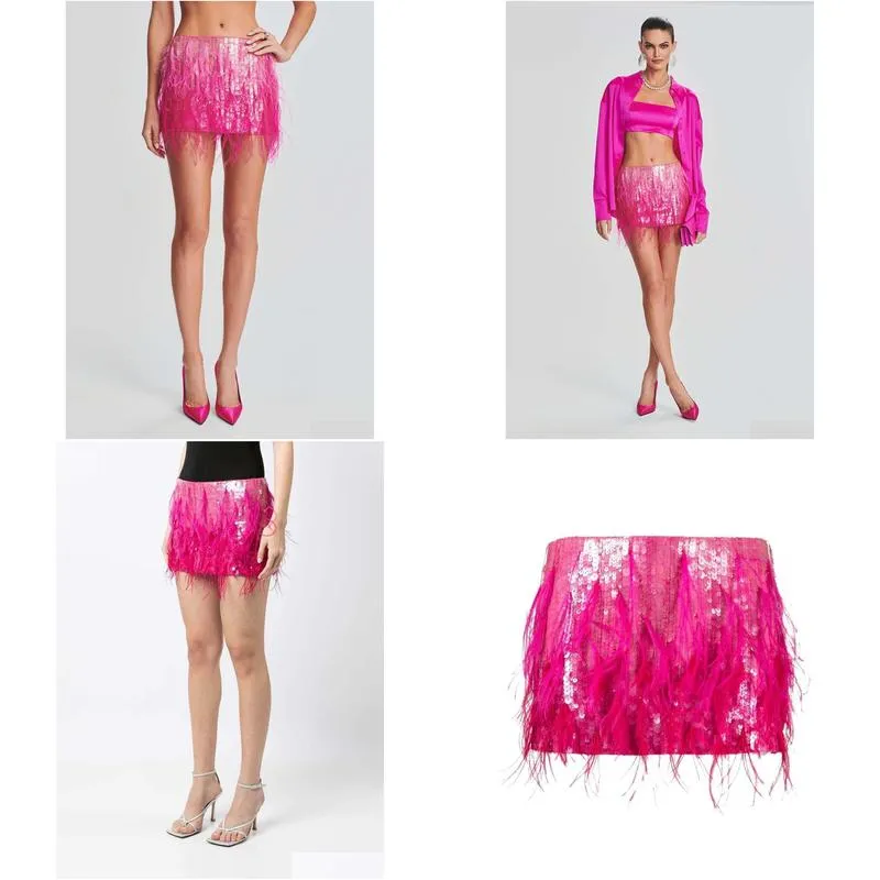 2023 summer new women`s short skirt shiny pink artificial feather spliced sequin half skirt