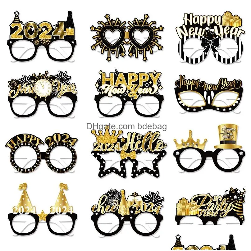 12pcs/set 2024 happy year p o frame decoration family year eve party paper glasses p o booth props navidad christmas