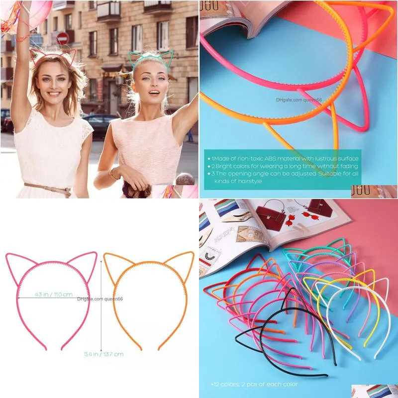 Headbands 24Pcs Cat Ear Headband 0.6Cm Abs Plastic Hair Hoop Headpiece For Party Daily Hairstyle Decoration Women Kids 12 Colors Drop Dhque