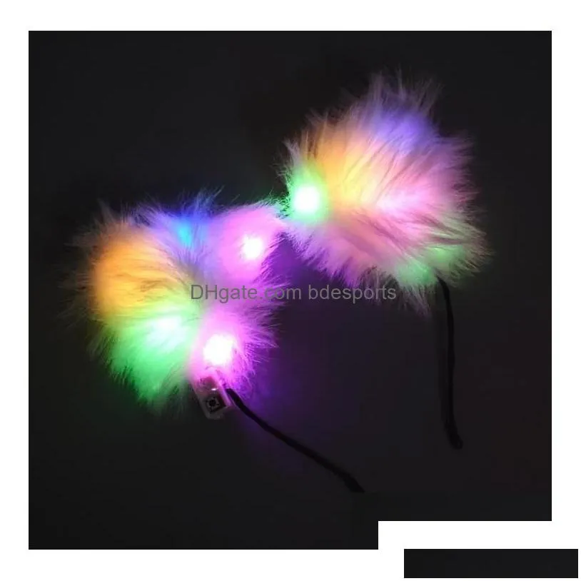 Party Hats Flash Cat Long Fur Ears Headband Hat Cosplay Costume Glowing Hairband Led P Hair Hoop Headdress For Women Girl Drop Delive Dhs7L